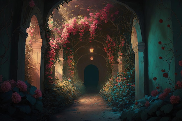 A painting of a path with flowers on it