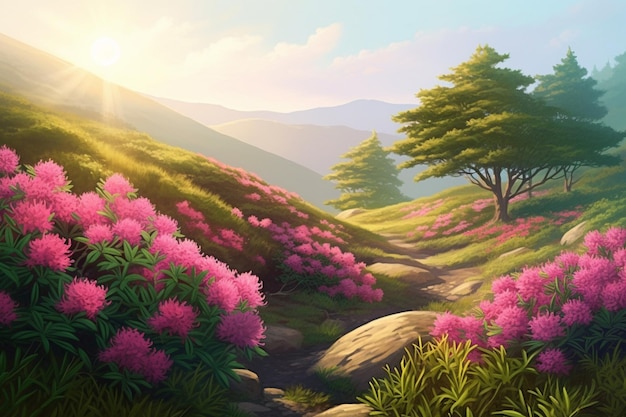 A painting of a path with flowers in the mountains.