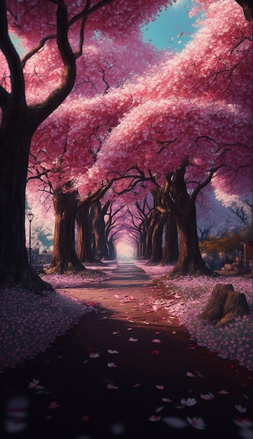 A painting of a path with pink trees in the middle