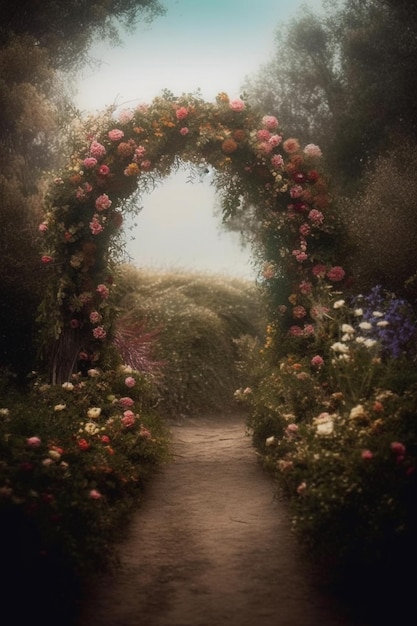 A painting of a path with roses on it