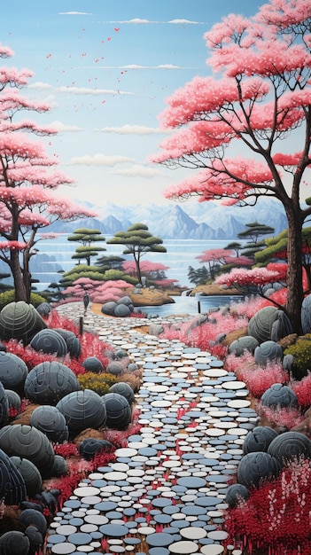 핑크색 풍경에서 돌과 나무로 된 경로의 그림