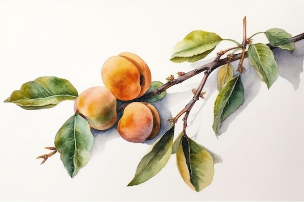 Photo a painting of peaches on a branch with leaves