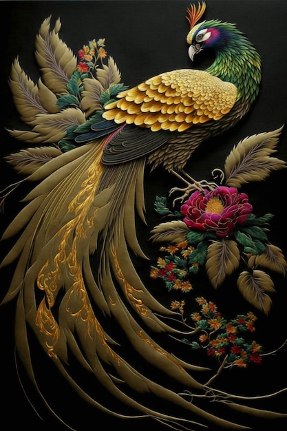 Painting of a peacock on a black background generative ai