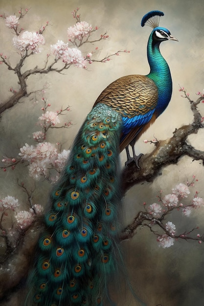 A painting of a peacock on a branch