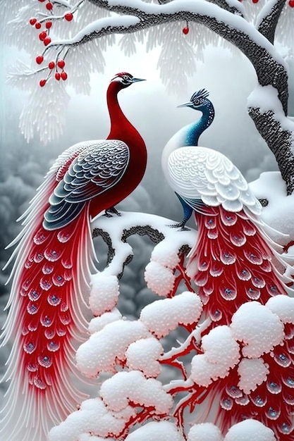 A painting of a peacock and a couple of birds