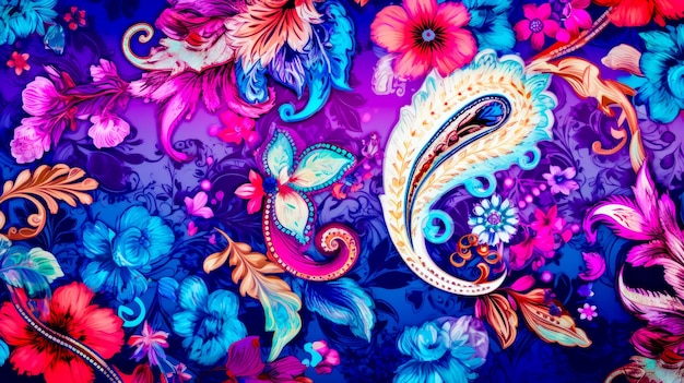 Painting of peacock and flowers on purple background with blue and pink colors