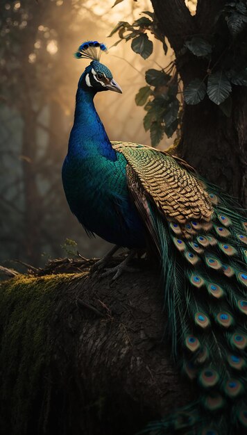 Photo a painting of a peacock sitting on top of a tree ai generated