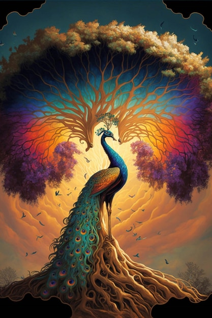 Painting of a peacock sitting on top of a tree generative ai