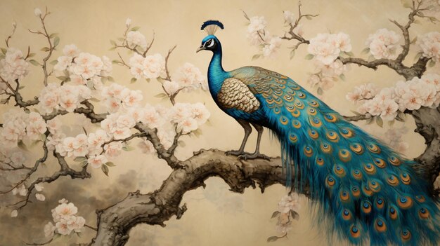 A painting of a peacock sitting on a tree branch