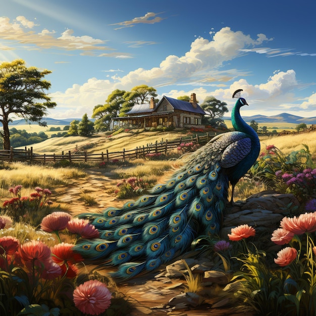 Foto dipinto di un pavone in piedi in un campo di fiori generativo ai