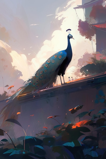 A painting of a peacock standing on a ledge generative ai image