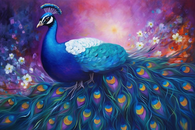 A painting of a peacock with a blue tail.