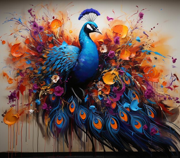 painting of a peacock with colorful feathers and flowers on a wall generative ai