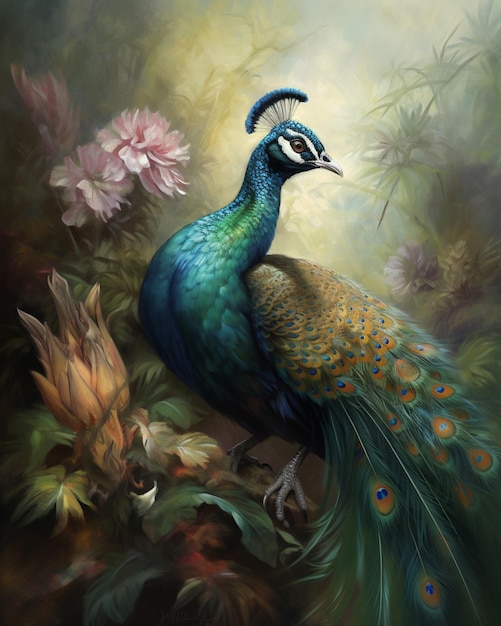 A painting of a peacock with a flower in the background.