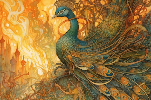 A painting of a peacock with orange and yellow feathers.