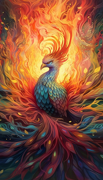 A painting of a peacock with the word fire on it