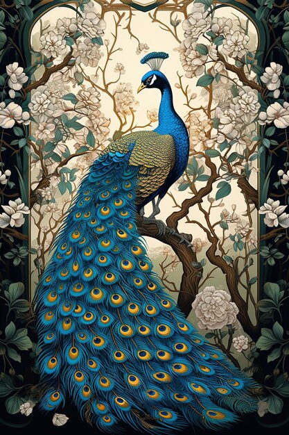 Photo a painting of a peacock with yellow eyes and a blue body