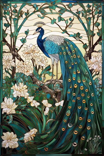 Photo a painting of a peacock with yellow eyes and a blue tail