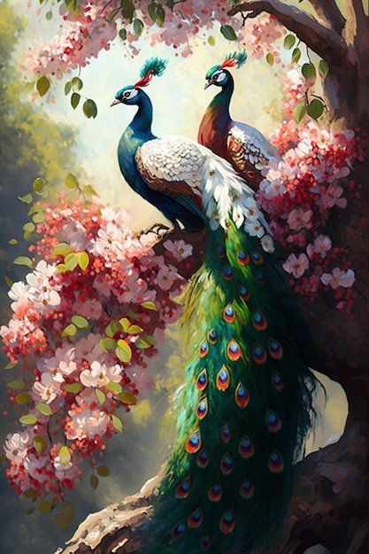 A painting of peacocks on a tree branch