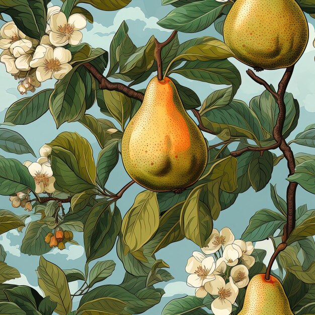 a painting of pears and flowers on a tree