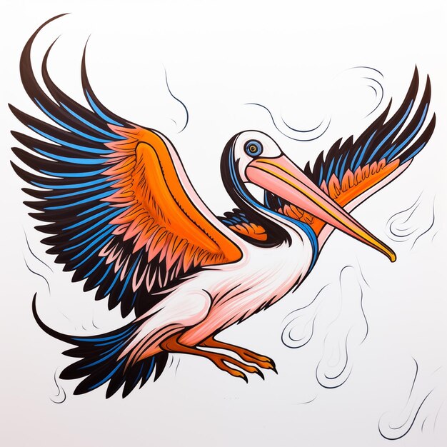 Картина пеликана, летящего в воздухе с распростертыми крыльями
