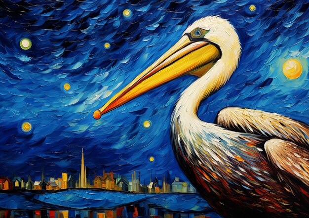 Painting of a pelican standing on a pier at night generative ai
