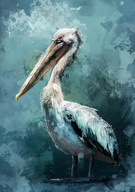 Photo painting of a pelican standing on a rock with a blue background generative ai