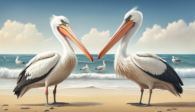 A painting of pelicans with the word pelicans on the bottom