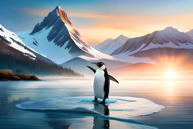 A painting of a penguin in the mountains with mountains in the background