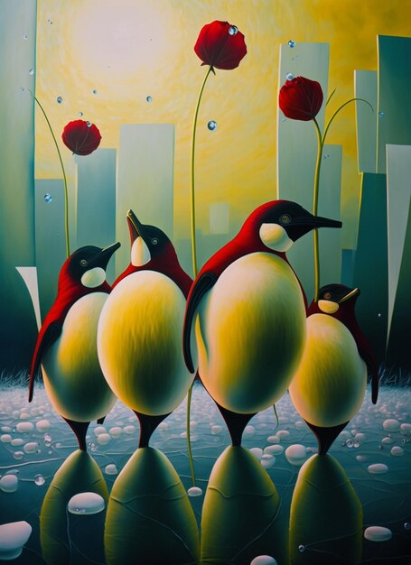 A painting of penguins with a city in the background.