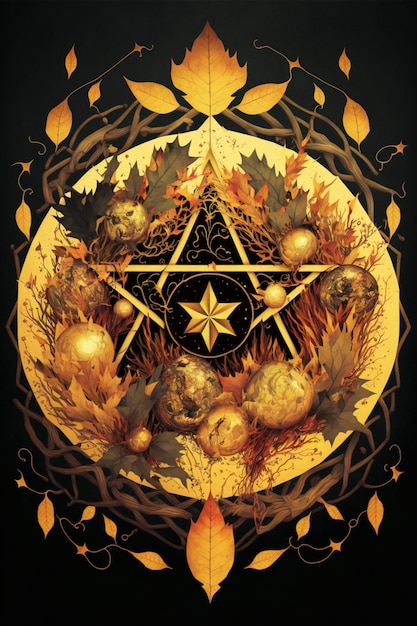 Painting of a pentagram surrounded by autumn leaves generative ai