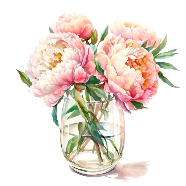 A painting of peonies in a glass vase