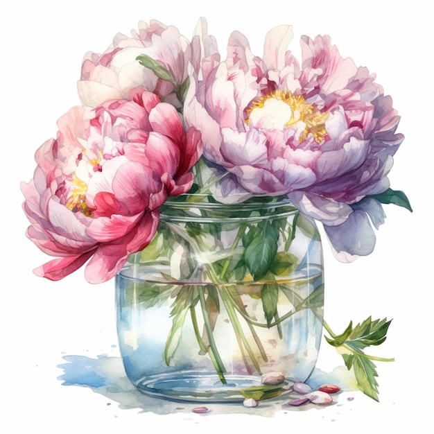 A painting of peonies in a jar with a green leaf on it.