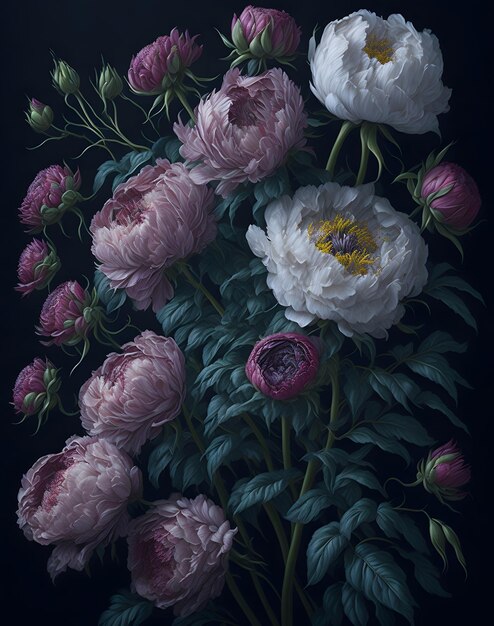 A painting of peonies and leaves with a yellow flower on the left.