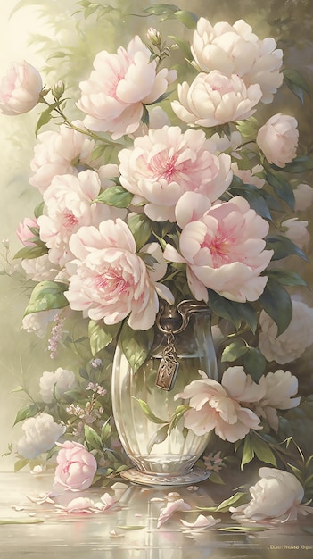 A painting of peonies in a vase with a key on it