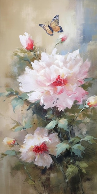 A painting of peonies in a vase with a red flower.