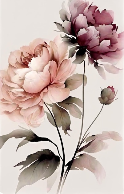 A painting of peonies with a black stem and a green leaf.