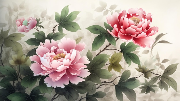 A painting of peonies with leaves and flowers