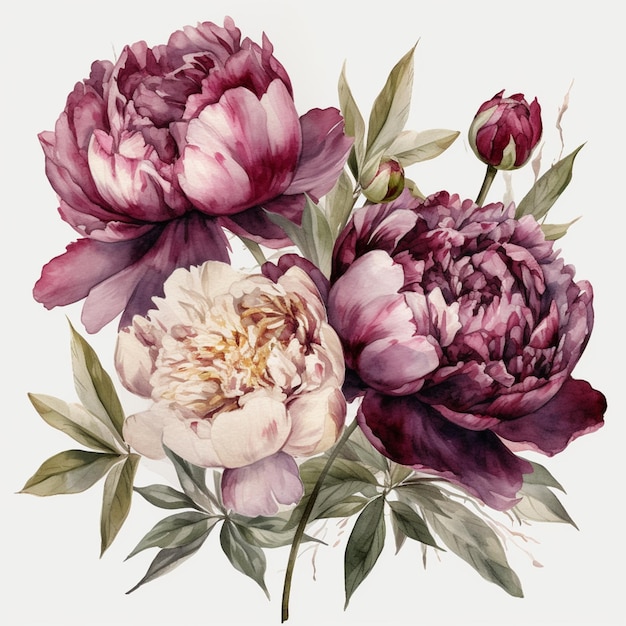 A painting of peonies with leaves and flowers