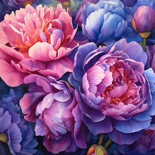 A painting of peonies with pink, blue, and purple petals.