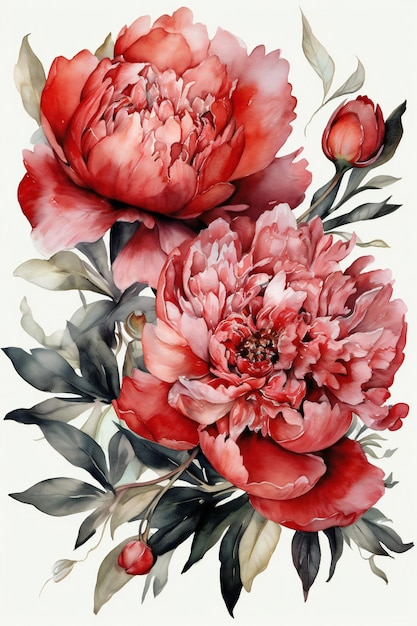 A painting of peonies with a white background