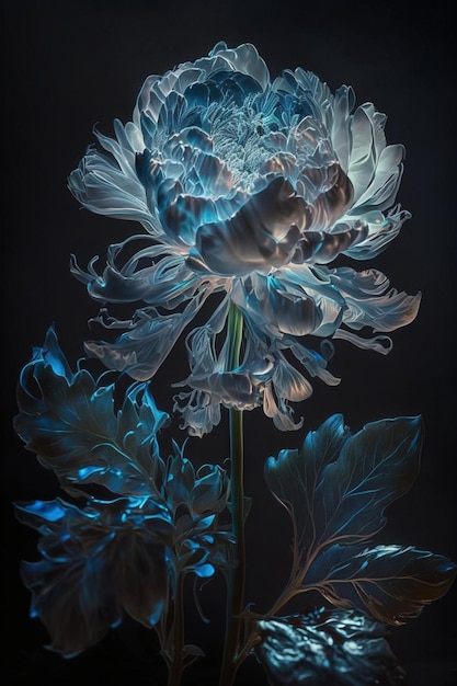 A painting of a peony with blue and green leaves
