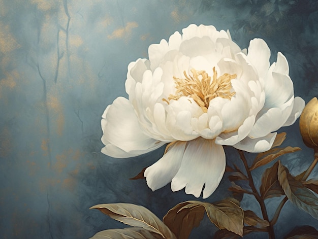 A painting of a peony with a gold center.