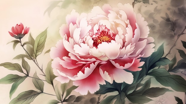 Photo a painting of a peony with a green leaf