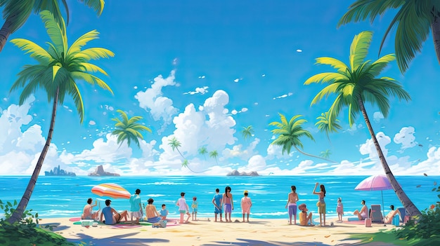 a painting of people at the beach with a beach umbrella and palm trees in the background.