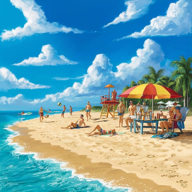 a painting of people at a beach with a beach umbrella