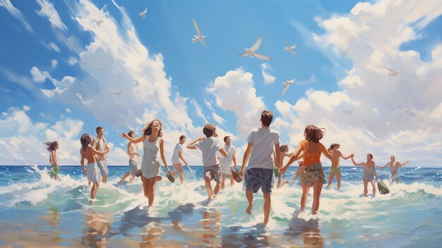 a painting of people on the beach with the sea and sky in the background