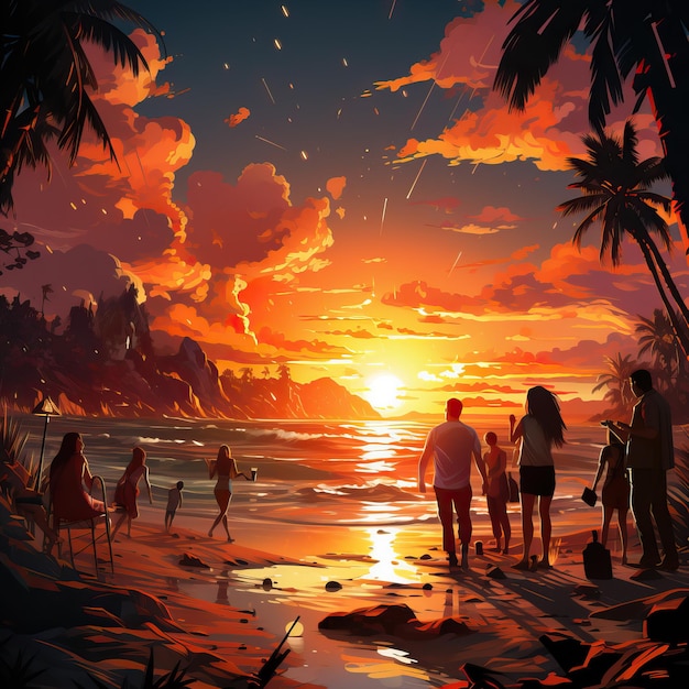 a painting of people on a beach with a sunset in the background