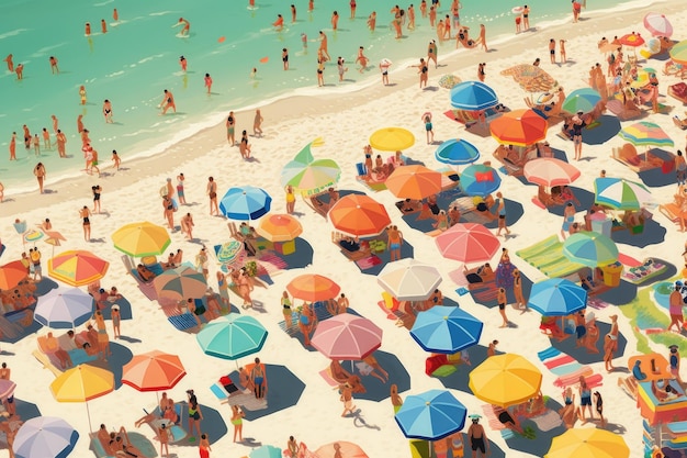 A painting of people on a beach with umbrellas