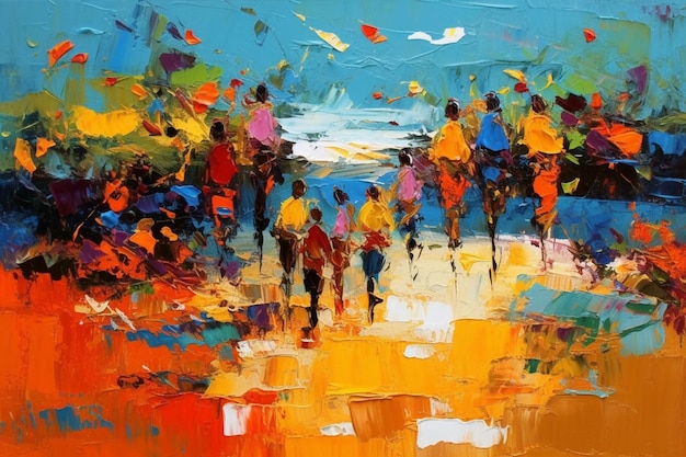 A painting of people on a beach with the words